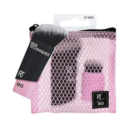 Real Techniques Go! Mini Travel Makeup Brushes for Foundation and Highlighter Synthetic Bristles - Set of 2