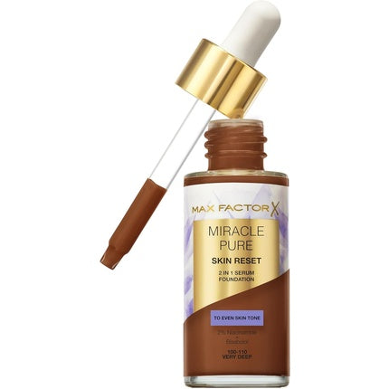 Max Factor Miracle Pure Serum Foundation 100-110 Very Deep 2-in-1 Serum Formula Medium Coverage Satin Matte Finish 2% Niacinamide Dermatologically Tested