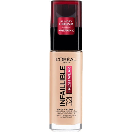 L'Oréal Paris Infallible 32H Fresh Wear Foundation Full Coverage Longwear Weightless Smooth Finish Water-proof Transfer-proof with Vitamin C SPF 25 20 Ivory 020 30ml
