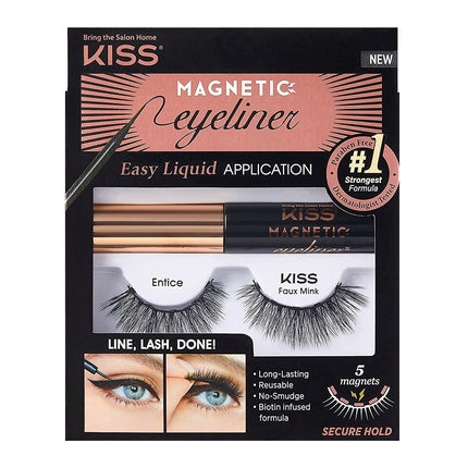 KISS Magnetic Eyeliner &amp; Lash Kit Entice Biotin Infused Black Magnetic Eyeliner with Precision Tip Brush - 1 Pair of Synthetic False Eyelashes with 5 Double Strength Magnets - Smudge Proof